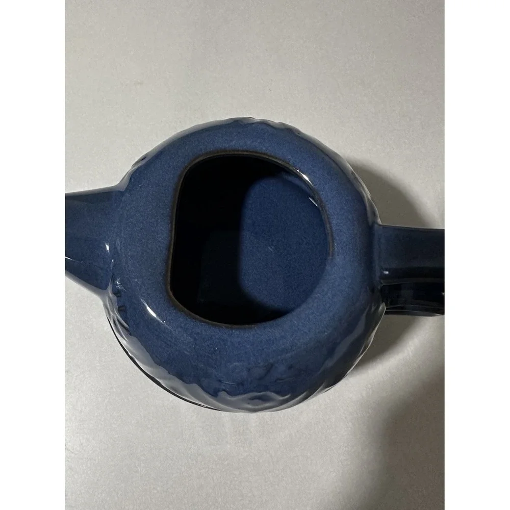Pier 1 Blue Glazed Stoneware Teapot for One Set Cup w Lid Embossed Floral Boho